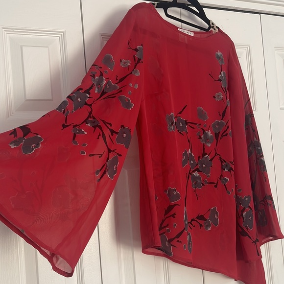 S Vintage Sheer Red Cherry Asymmetrical Blossom Floral Blouse w/Bell Sleeves - Picture 2 of 6